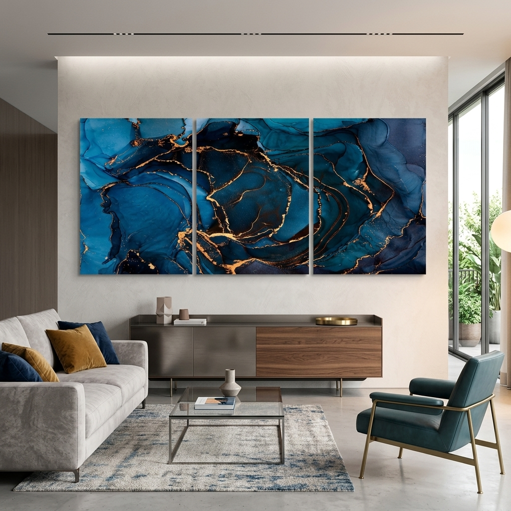 Modularer, abstrakter Kunstdruck auf blauer Leinwand mit goldenen Elementen, mehrere Teile