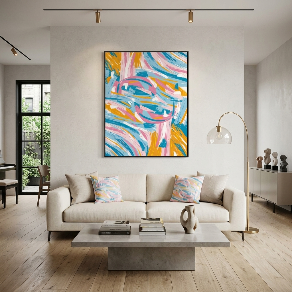 Orange, rosa und blaue Farblinien-Abstraktion. Abstraktion auf Leinwand, Wand-Kunstdruck