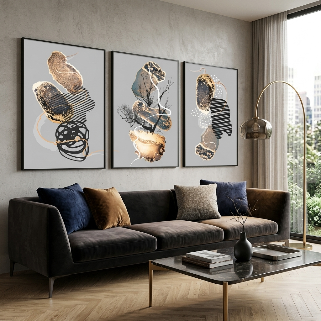 Modularer, mehrteiliger Kunstdruck auf Leinwand, abstrakt in Schwarz und Gold auf grauem Hintergrund