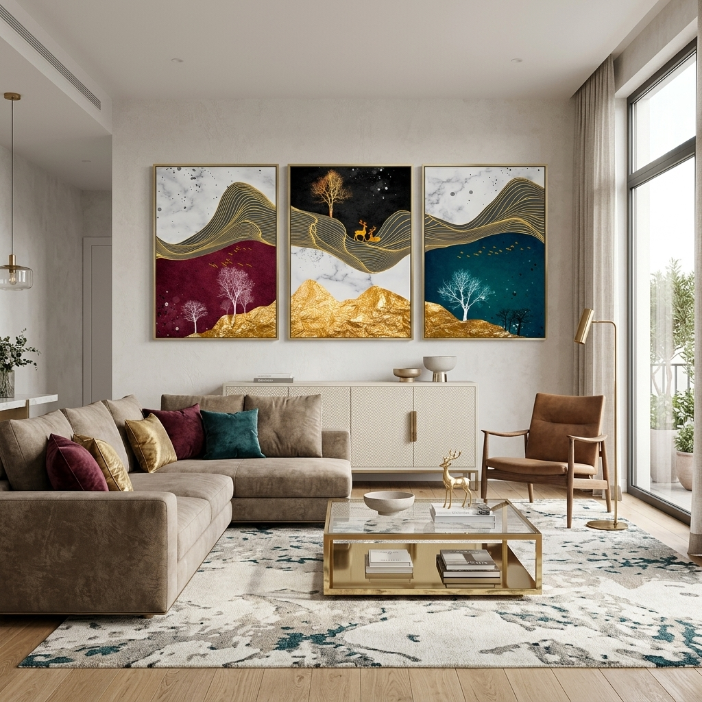 Modularer Kunstdruck auf Leinwand in mehreren Teilen in Burgunder-Grüntönen