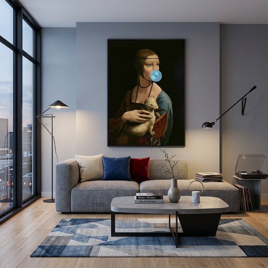 Kunstdruck auf Leinwand, Dame mit Hermelin und blauem Gummi