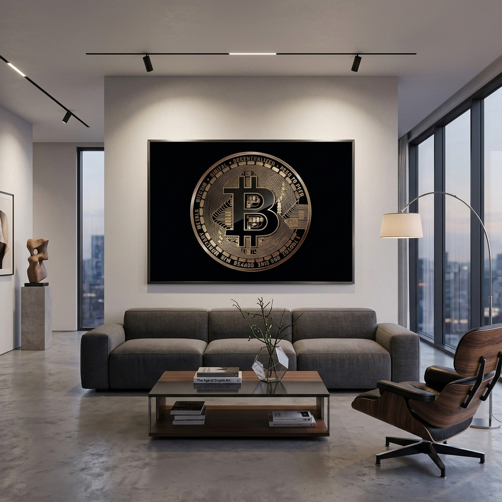 Bitcoin-Goldmünze auf schwarzem Hintergrund, inspirierender Kunstdruck auf Leinwand