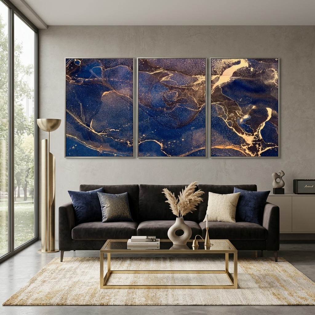 Modularer abstrakter mehrteiliger Kunstdruck auf Leinwand in Blau-Gold
