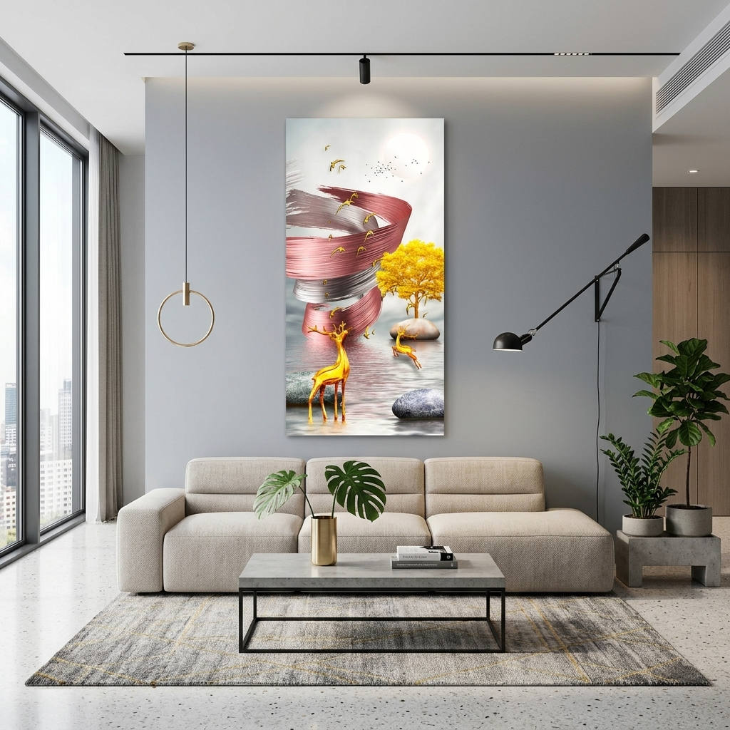 Zwei Hirsche und ein Baum im Hintergrund eines rosa-weißen Tornados Abstrakter Kunstdruck auf Leinwand