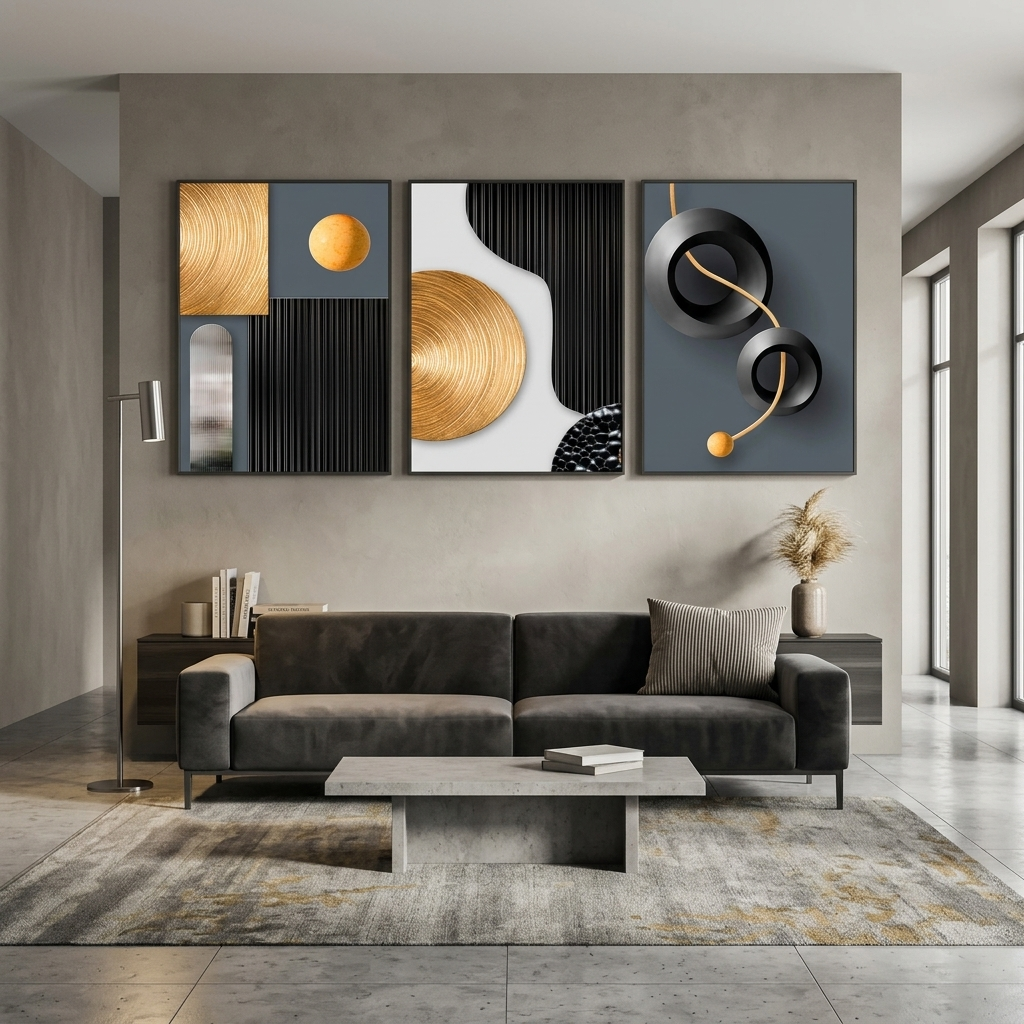 Modularer Kunstdruck auf Leinwand, grau-goldene Figuren mit schwarzen Elementen, mehrere Teile