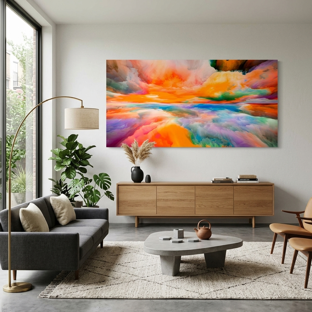 Regenbogen-Abstraktion mit einer zentralen orangefarbenen Farbe Abstraktion Leinwand Wand Kunstdruck
