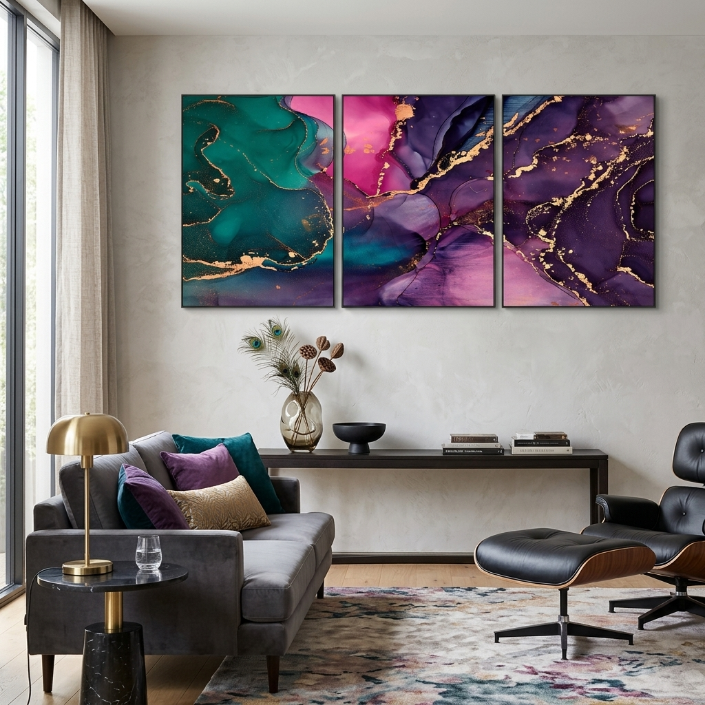 Modularer abstrakter Kunstdruck auf Leinwand, mehrteilig, Violett und Grün