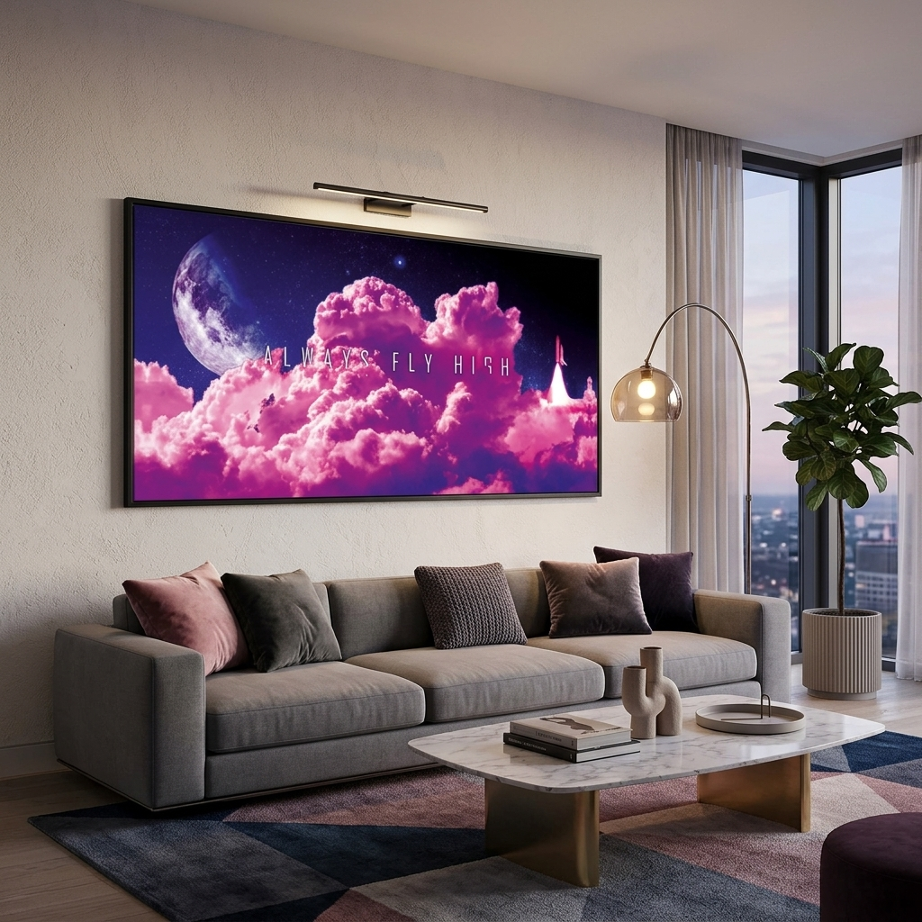 Rosa Wolken auf dem Hintergrund des Monats mit der Aufschrift „Motivationaler Leinwand-Kunstdruck“