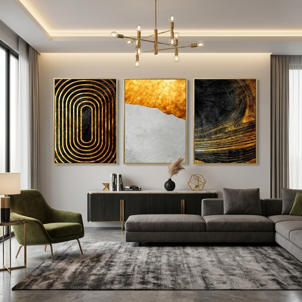 Modularer Kunstdruck auf Leinwand, mehrteilig, Schwarz und Gold mit grauer Abstraktion