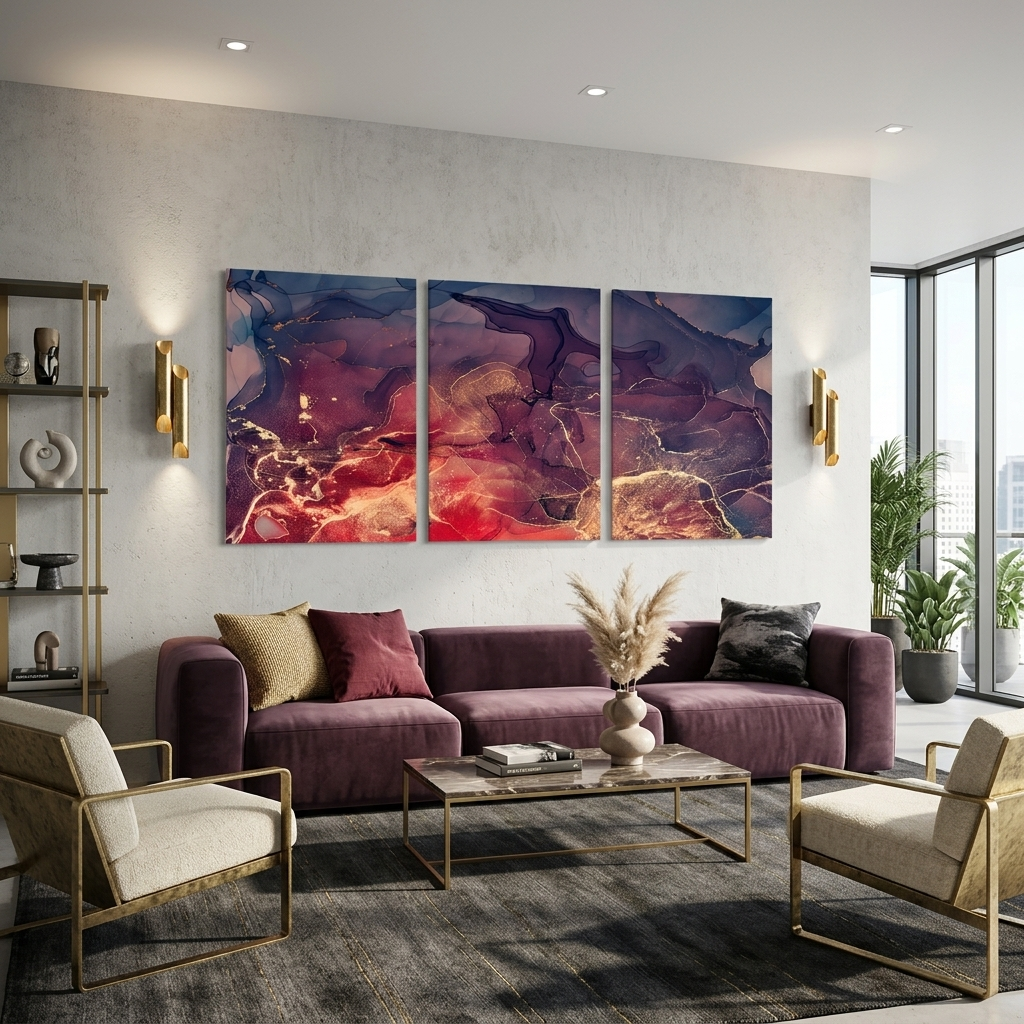 Modularer abstrakter Kunstdruck auf Leinwand, mehrteilig, Violett und Rot