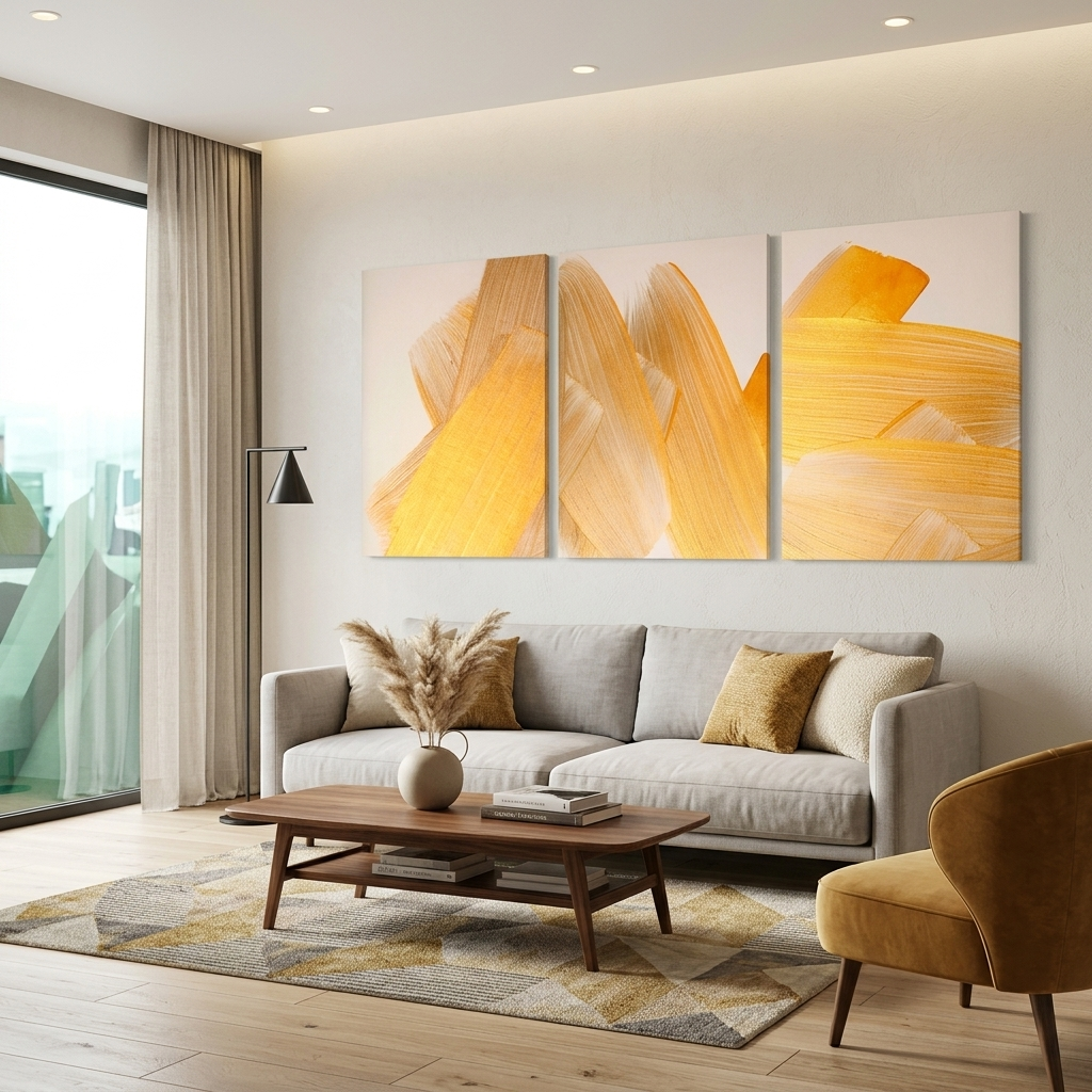 Modularer Kunstdruck auf Leinwand, Motiv: goldene Striche auf beigem Hintergrund, mehrere Teile