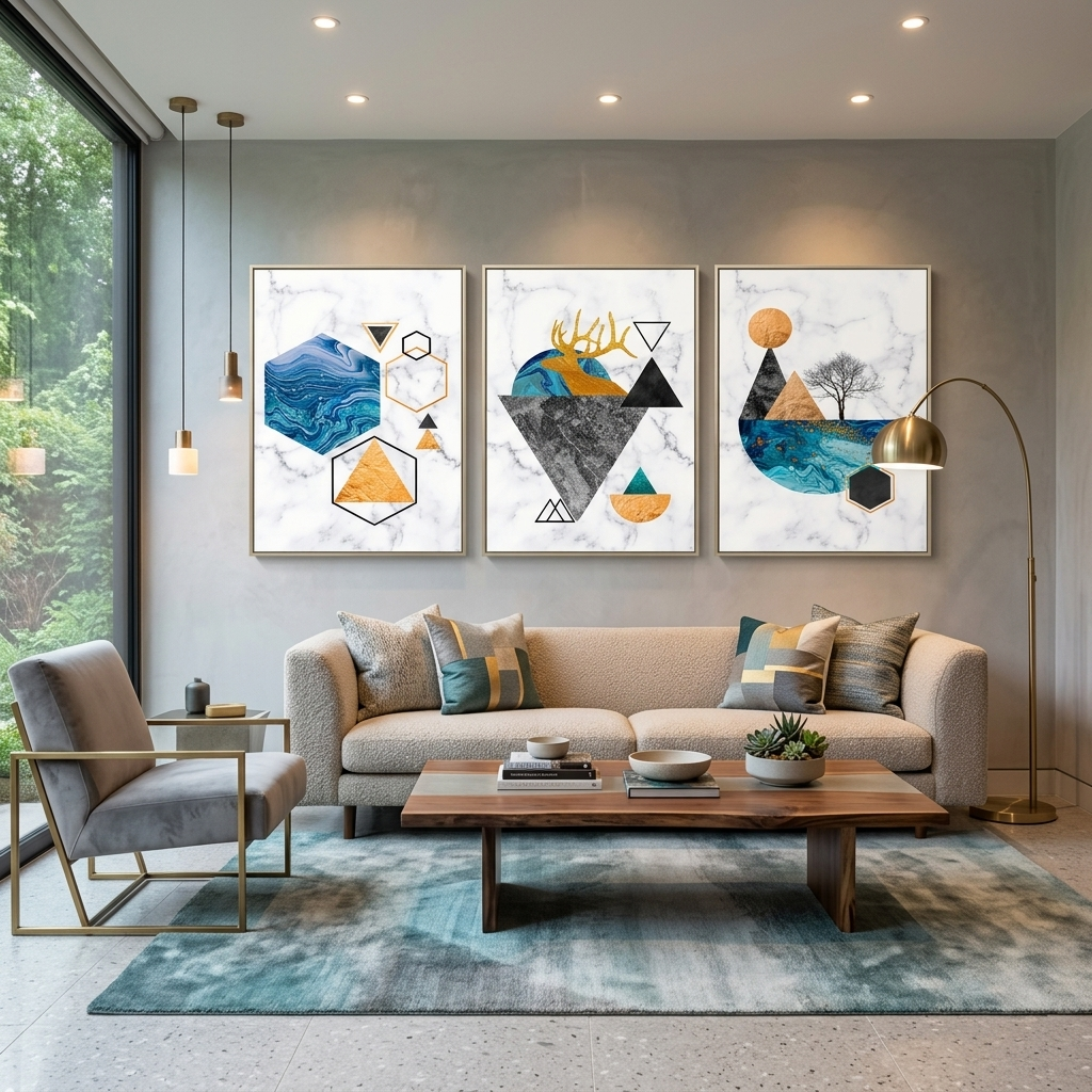 Modulare Figuren auf einem Marmorhintergrund, mehrteiliger Kunstdruck auf Leinwand