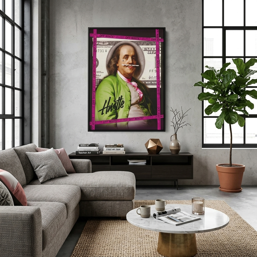 Franklin against the backdrop of $100 Inspirational Canvas Wall Art Print