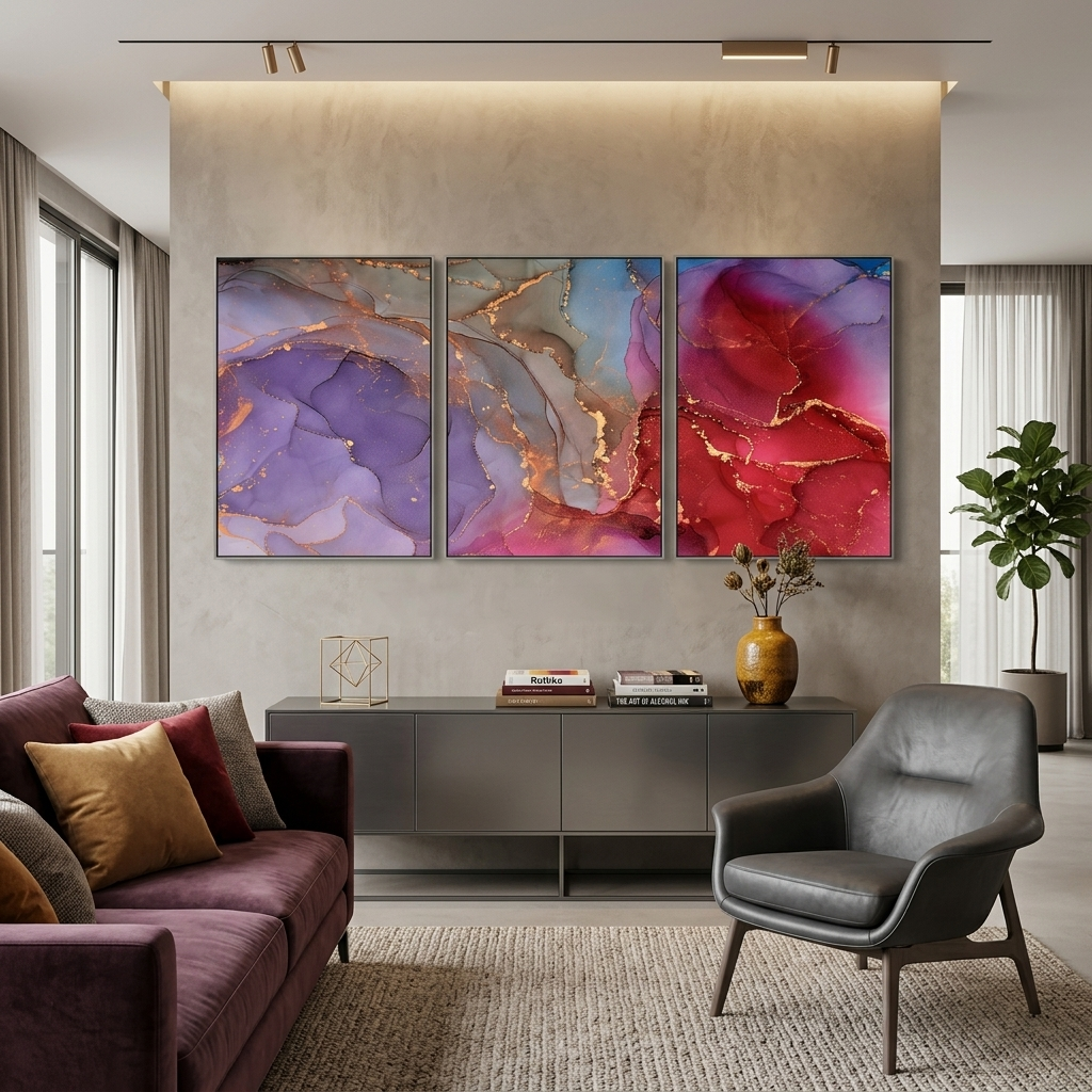 Modularer abstrakter Kunstdruck auf Leinwand, mehrere Teile, Lavendelrot