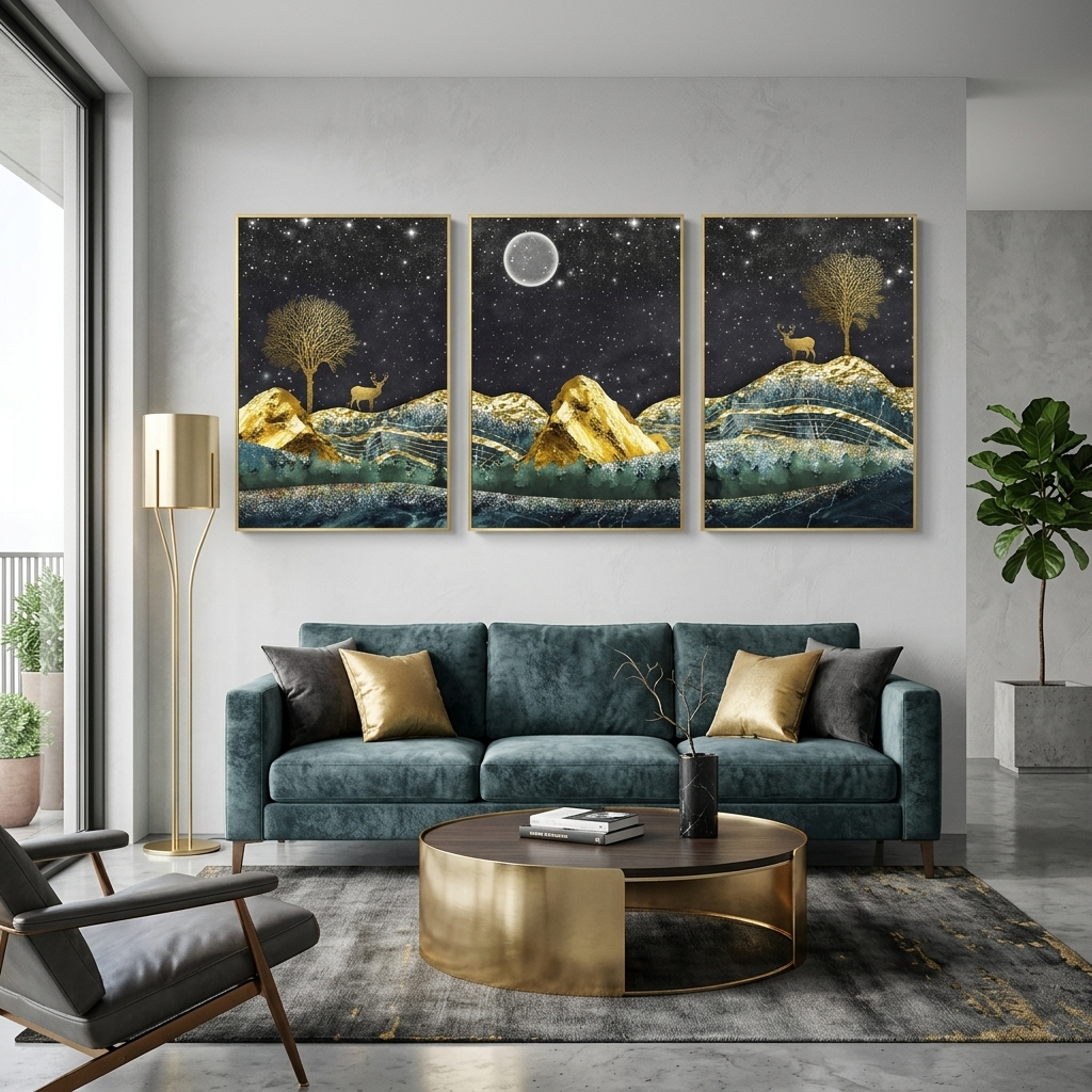 Mehrteiliger Kunstdruck auf Leinwand, Goldener Hirsch auf dem Hintergrund des Sternenhimmels