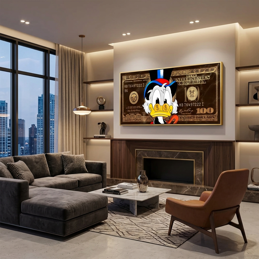 Scrooge 100 Dollar Gold und Braun Inspirierender Leinwand-Kunstdruck