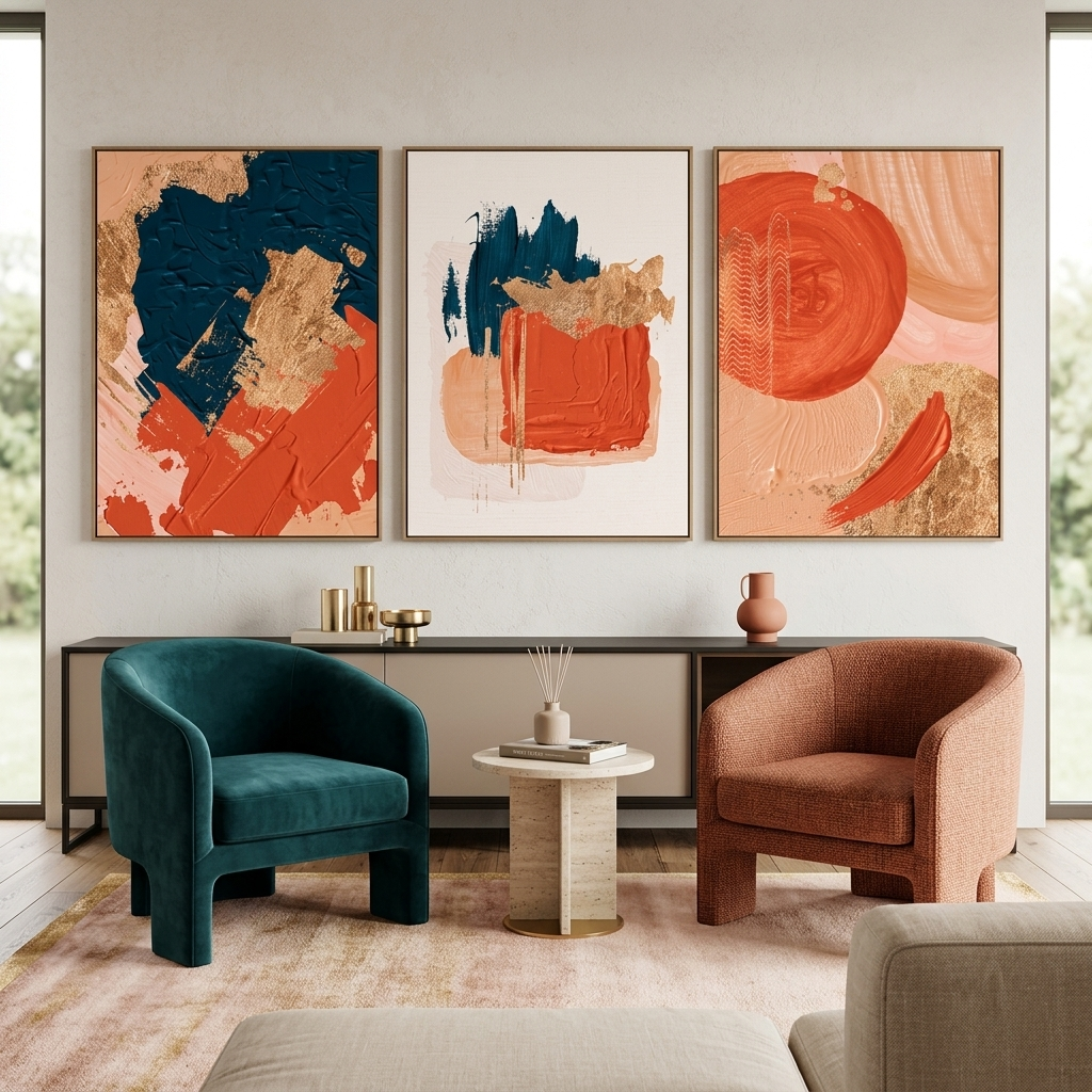 Modularer, abstrakter Kunstdruck auf Leinwand, mehrteilig, Orange und Blau mit goldenen Elementen