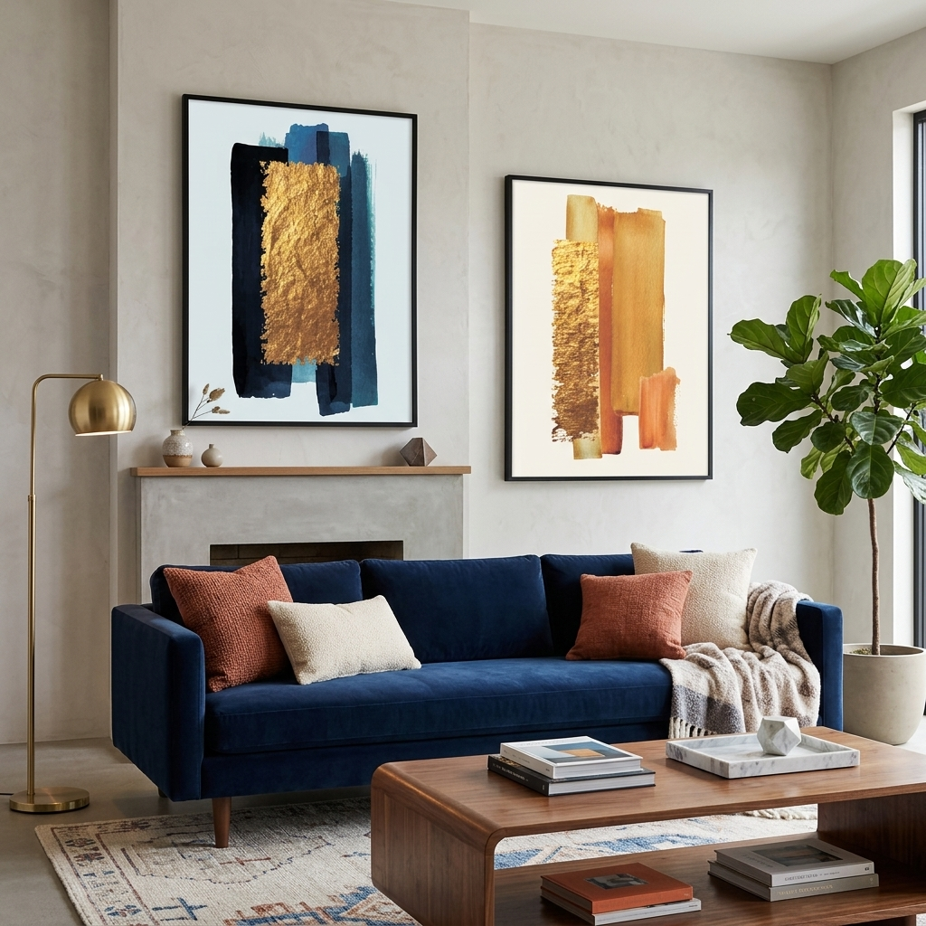 Modularer Kunstdruck auf Leinwand, mehrteilig, goldfarben und blau, auf weißem Hintergrund
