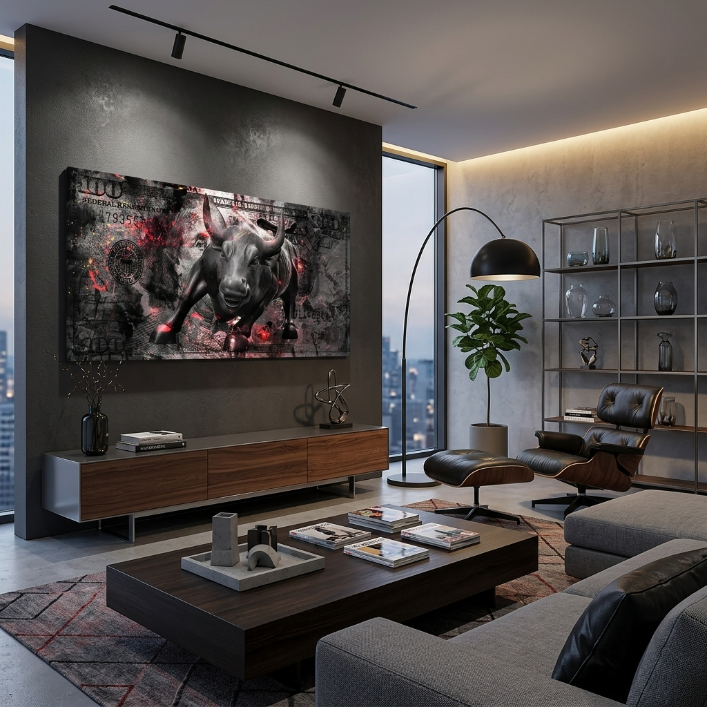 100 Dollar mit einem angreifenden Stier Inspirierender Kunstdruck auf Leinwand