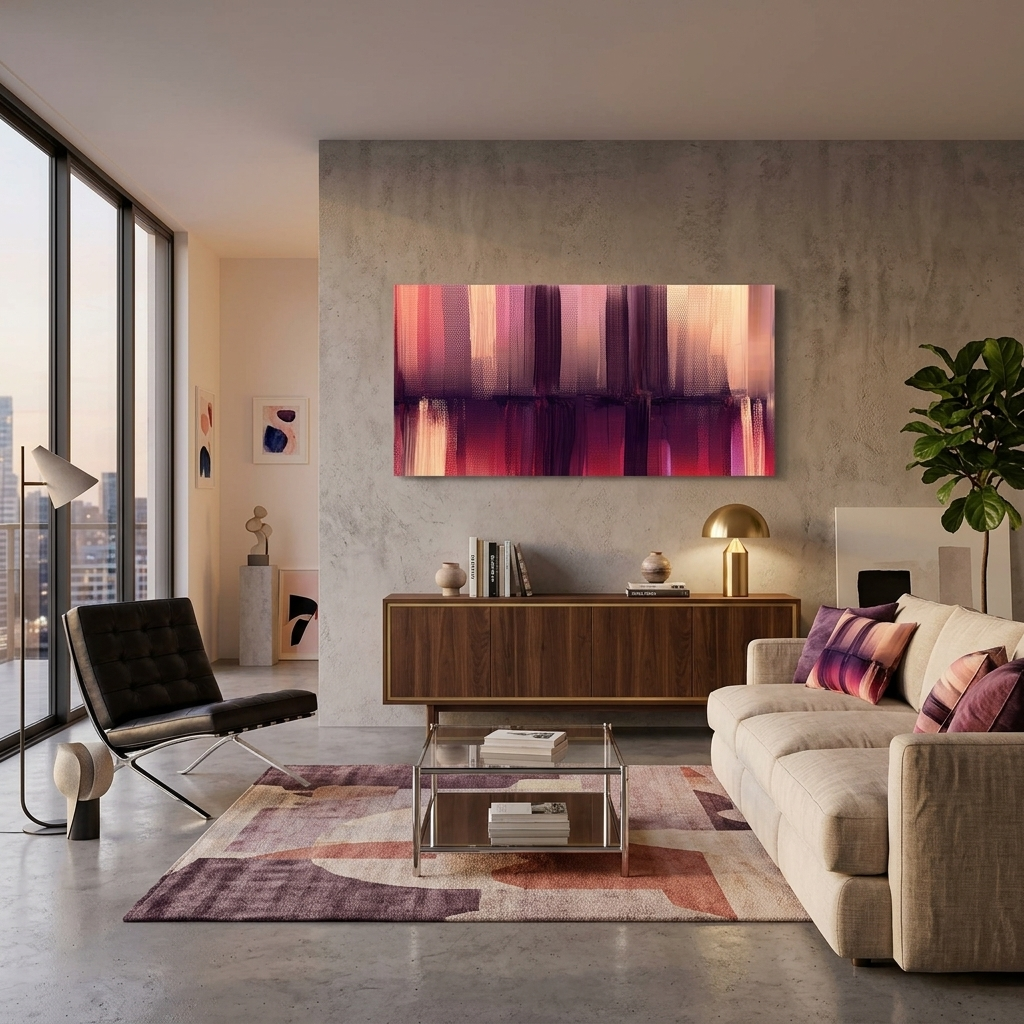 Vertikale Linien in Beige, Lila und Rot – Abstrakter Kunstdruck auf Leinwand