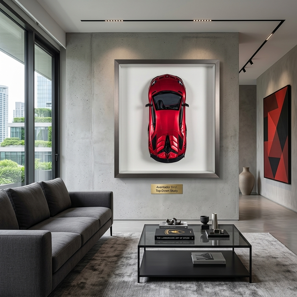 Das Auto ist ein kirschroter Lamborghini-Kunstdruck auf Leinwand.