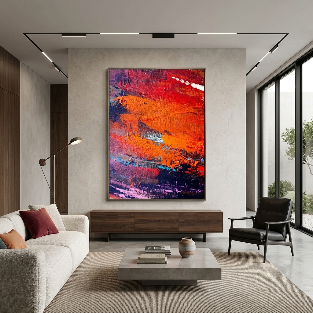 Vertikale abstrakte in rot-orange-lila Farben Abstraktion Leinwand Wand Kunstdruck