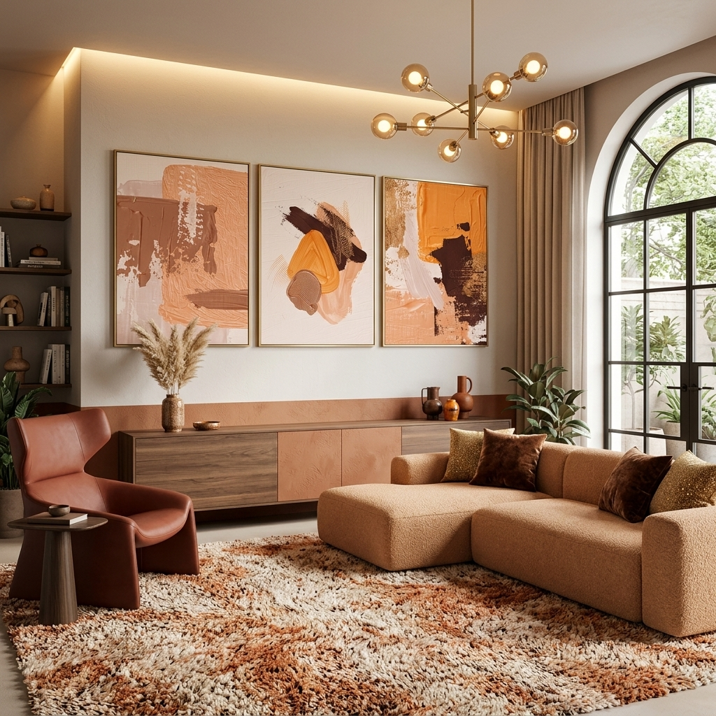 Modularer Kunstdruck auf Leinwand in mehreren Teilen in Beige-Gelbtönen