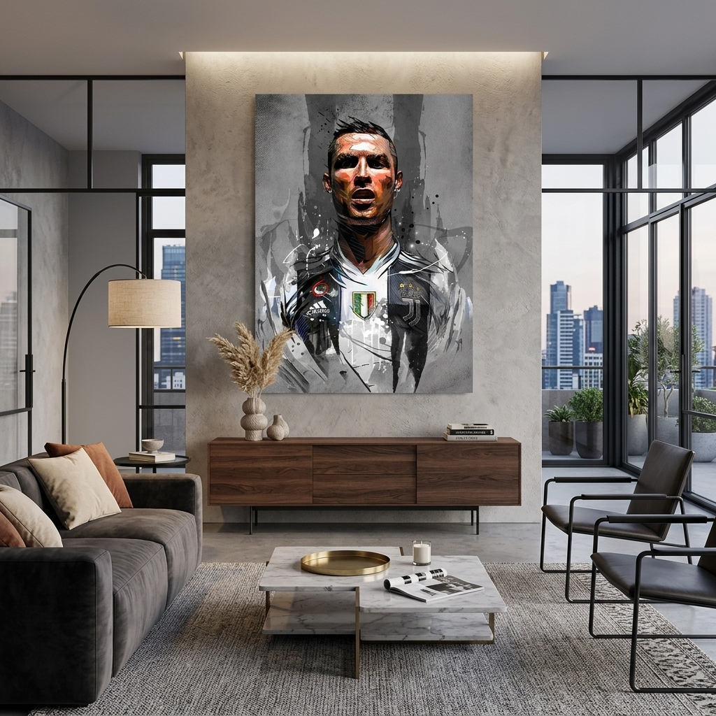 Kunstdruck auf Leinwand, Fußballer Cristiano Ronaldo auf grauem Hintergrund