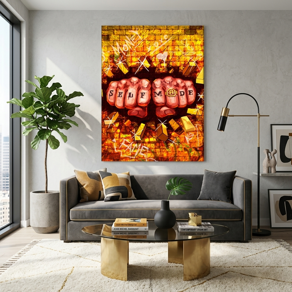 Zwei Fäuste und eine goldene Wand Motivierender Kunstdruck auf Leinwand