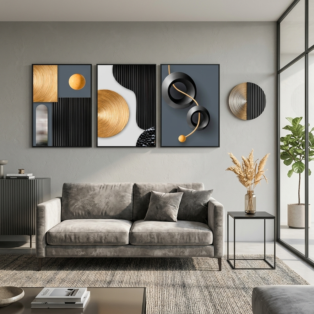 Modularer Kunstdruck auf Leinwand, grau-goldene Figuren mit schwarzen Elementen, mehrere Teile