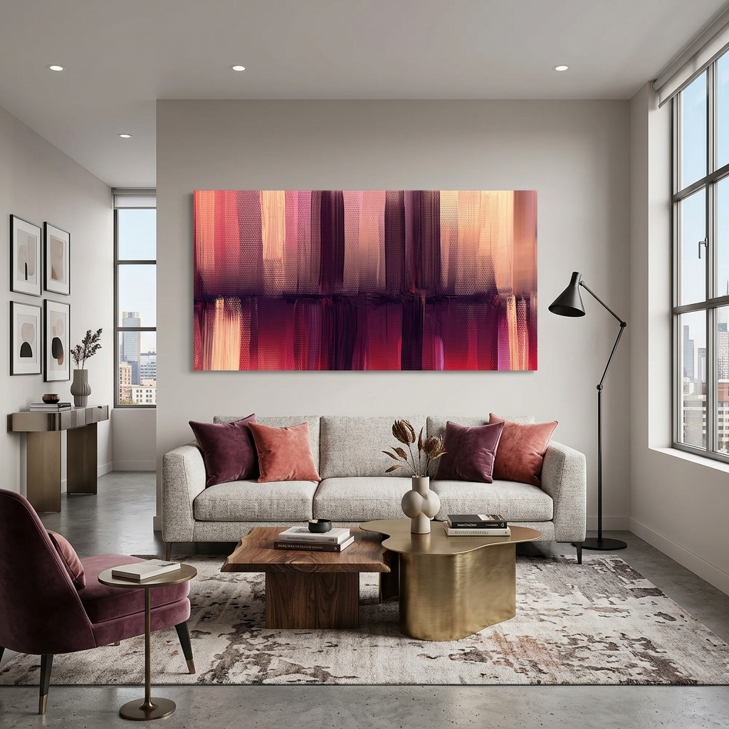 Vertikale Linien in Beige, Lila und Rot – Abstrakter Kunstdruck auf Leinwand