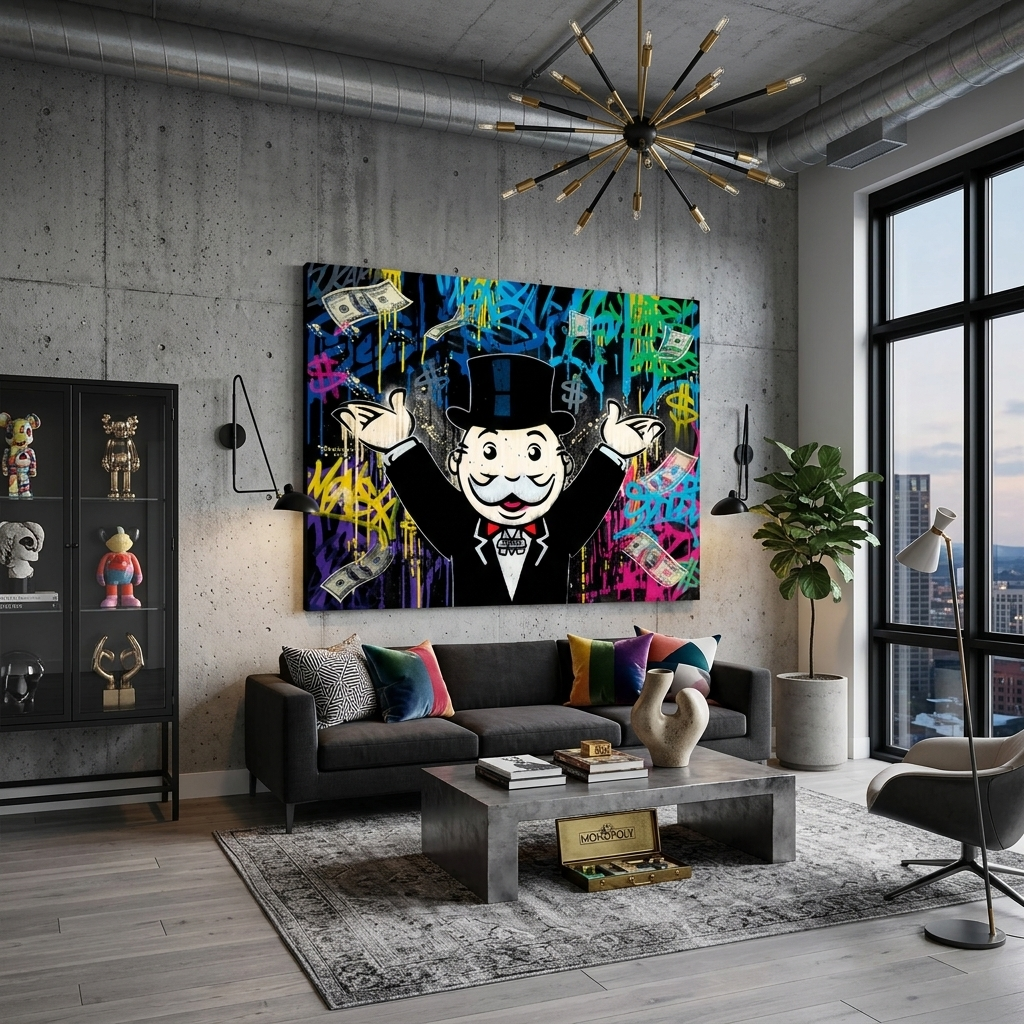 Kunstdruck auf Leinwand mit dem Motiv „Alec Monopoly“ im Hintergrund des Geld-Graffiti