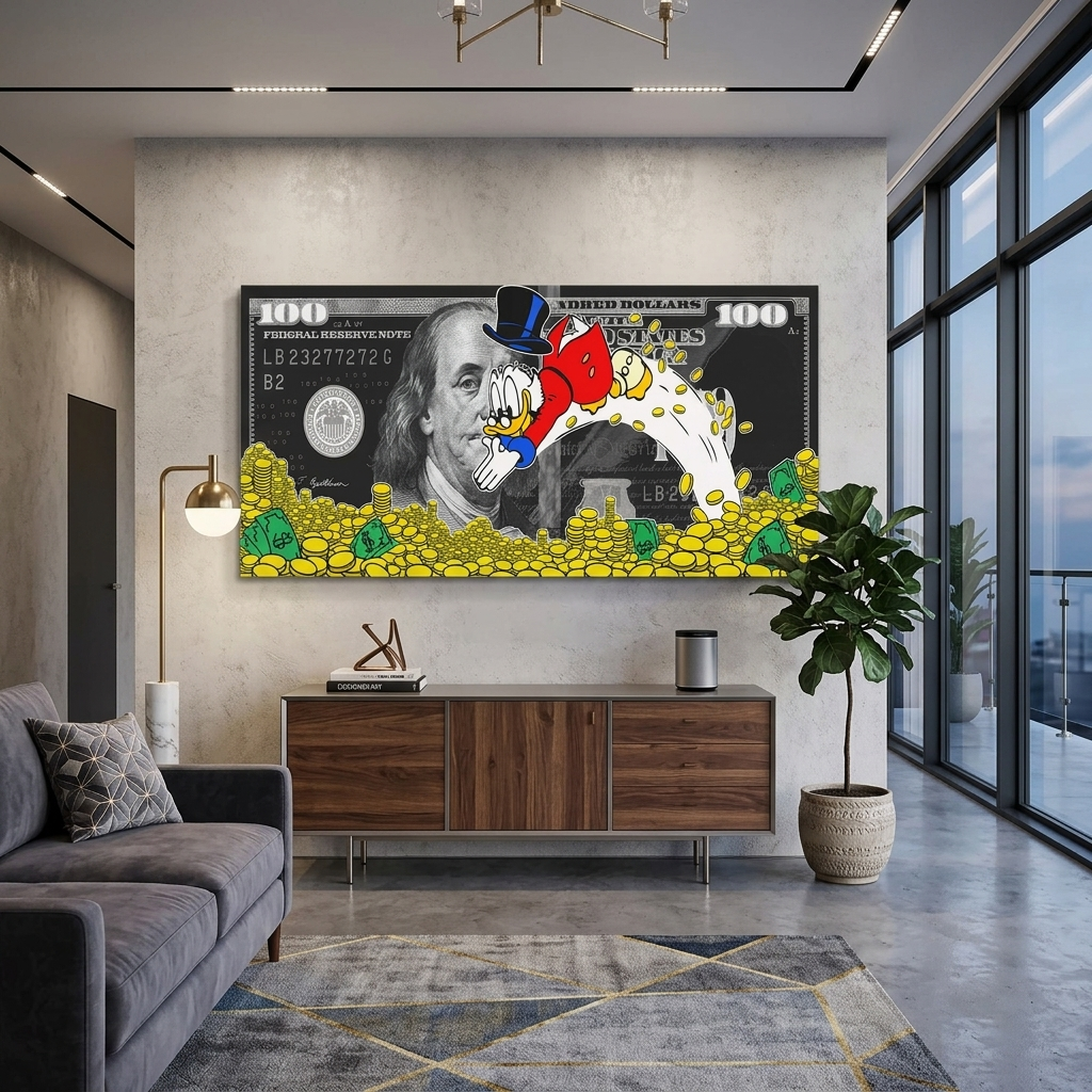Inspirierender Kunstdruck auf Leinwand, Motiv: Scrooges Meer aus Dollarmünzen