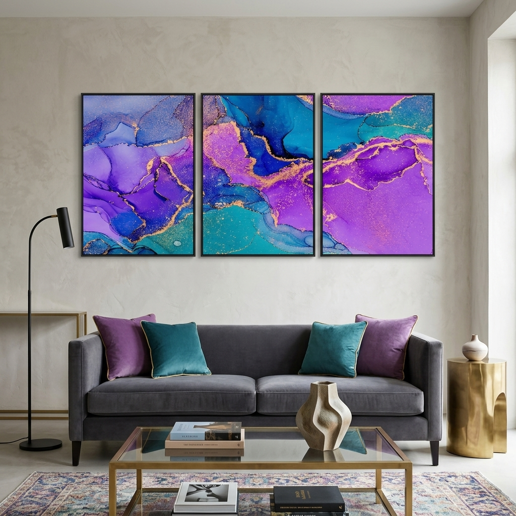 Modularer, abstrakter Kunstdruck auf Leinwand, mehrere Teile, Lavendelblau