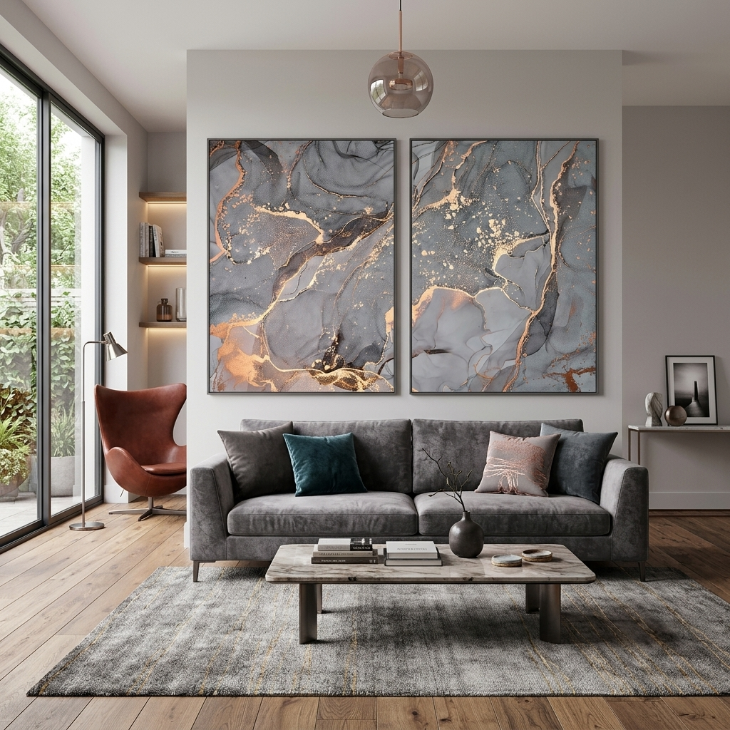 Modularer, grauer, abstrakter Kunstdruck mit goldenen Linien, mehrere Teile auf Leinwand