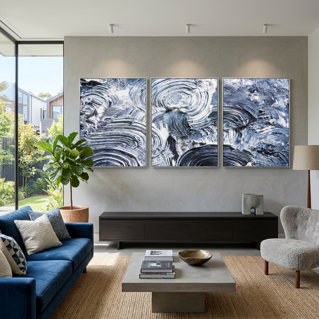 Mehrteiliger Kunstdruck auf Leinwand, Blaue Striche auf weißer Farbe