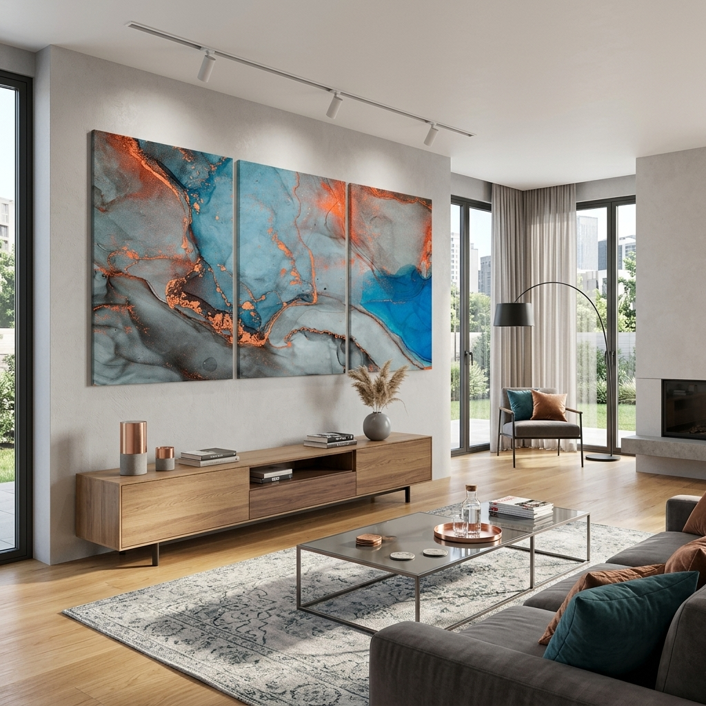 Modularer, grauer, abstrakter Kunstdruck mit orangen Elementen, mehrere Teile auf Leinwand