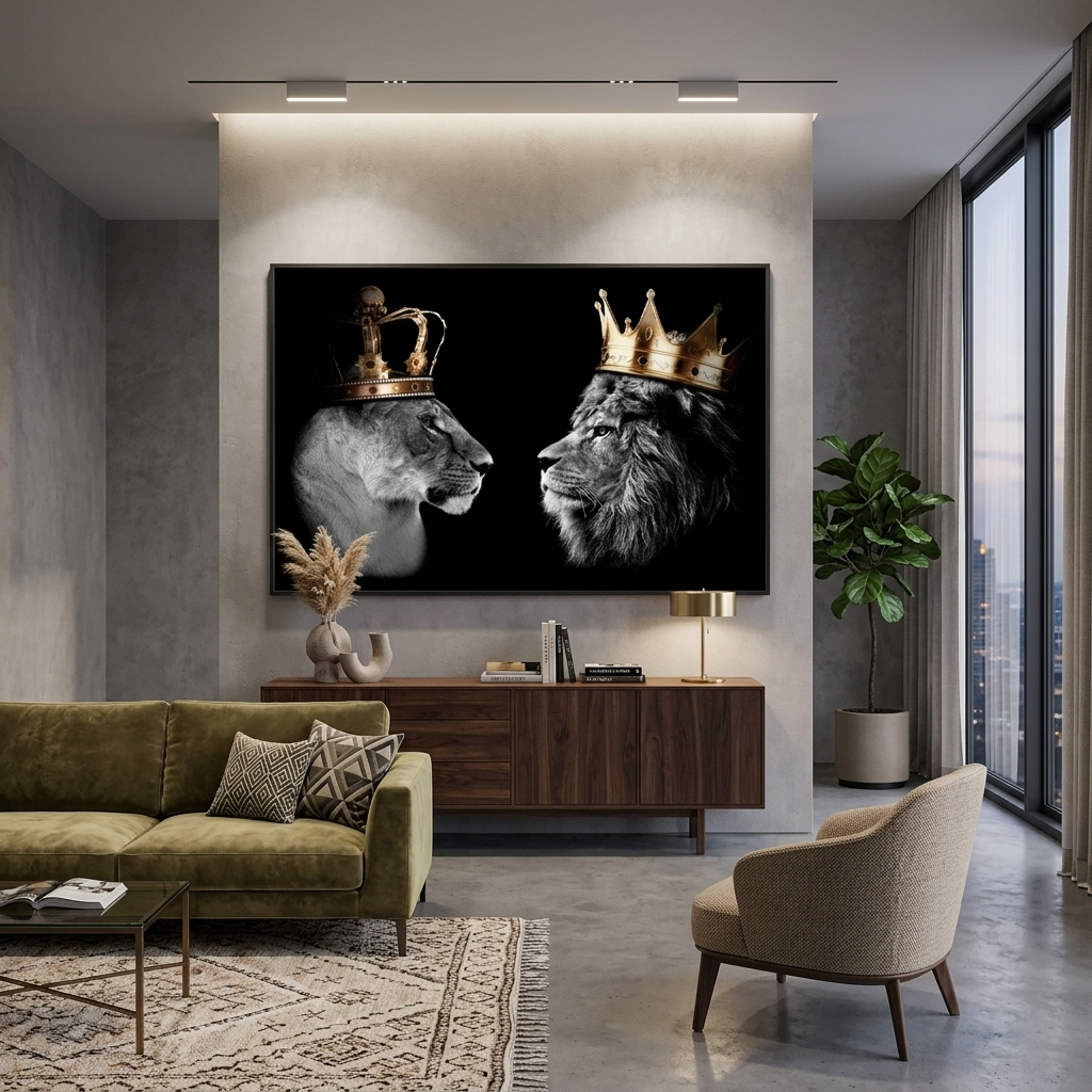 König der Löwen und Königin der Löwen auf schwarzem Hintergrund. Motivierender Kunstdruck auf Leinwand.