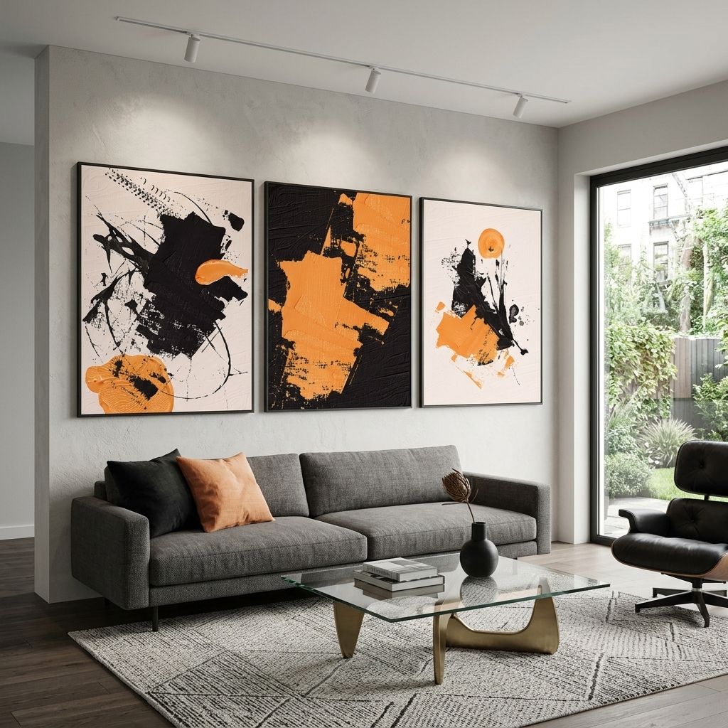 Modularer abstrakter Kunstdruck auf Leinwand, mehrteilig, Schwarz und Gelb