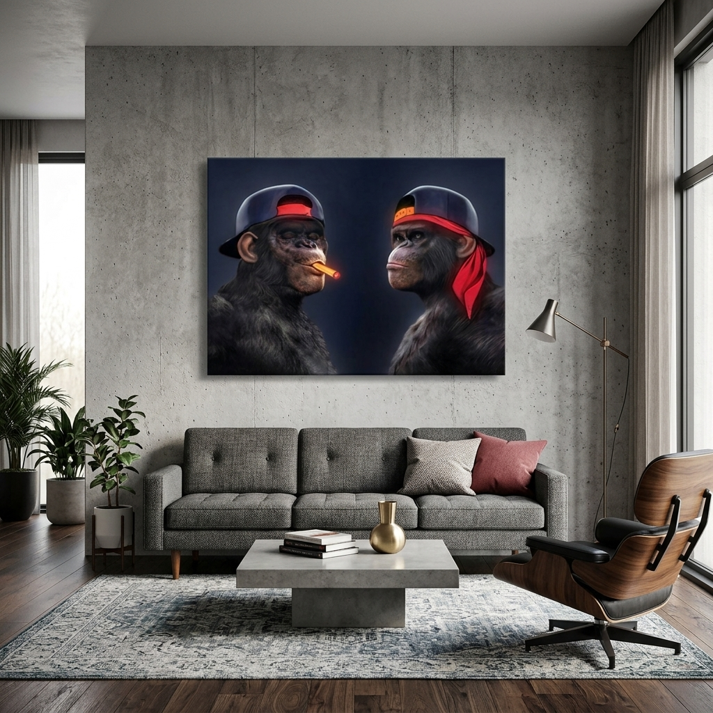Leinwandbild „Zwei schwarze Gorillas mit Mützen und einer Zigarre“