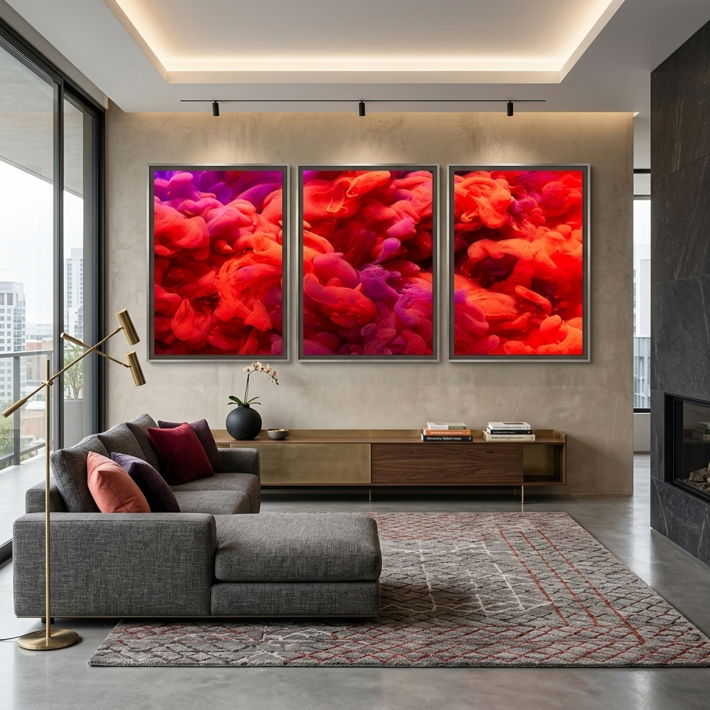 Modularer, abstrakter roter Kunstdruck auf Leinwand, mehrere Teile