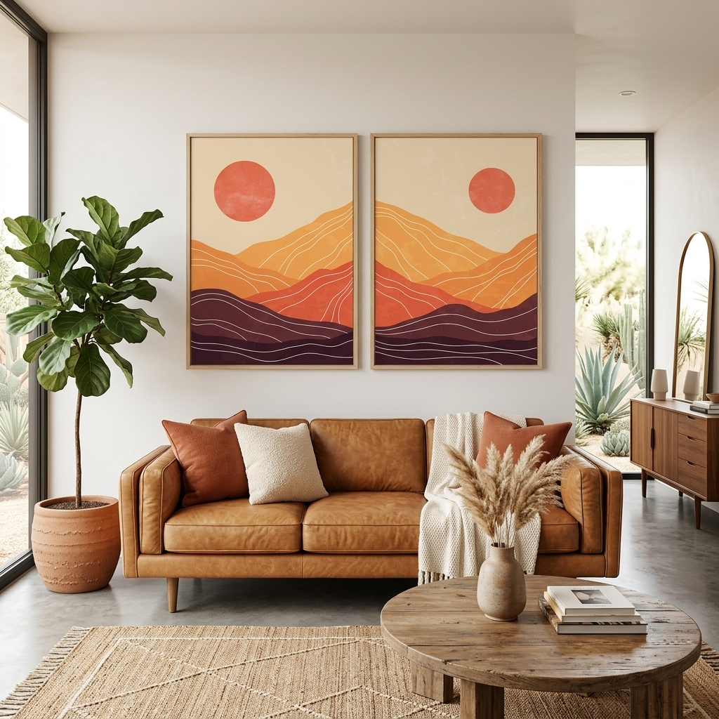 Modularer abstrakter Wüstendruck in den Farben Orange, Braun und Rot. Mehrteiliger Leinwand-Kunstdruck