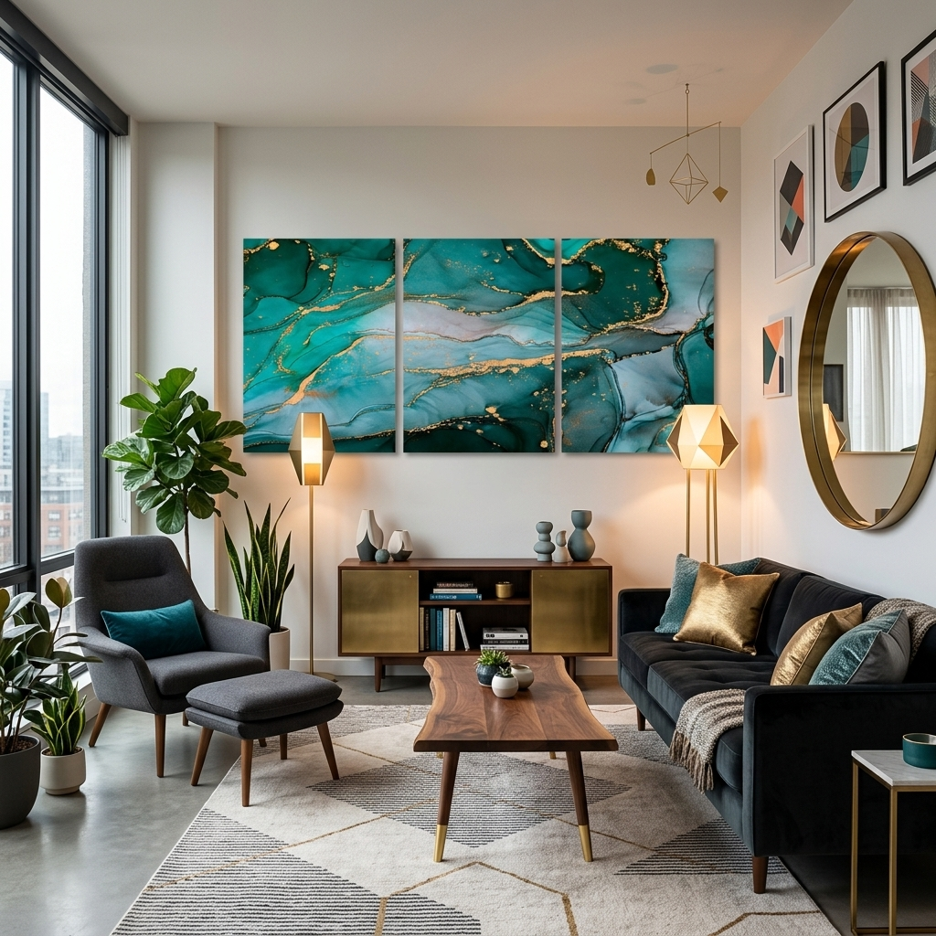 Modularer, grüner, abstrakter Kunstdruck mit goldenen Elementen, mehrere Teile auf Leinwand