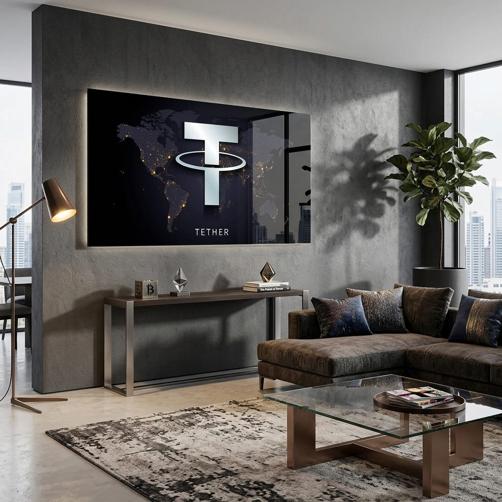 Tezer USDT-Logo auf dem Kartenhintergrund Inspirierender Leinwand-Kunstdruck