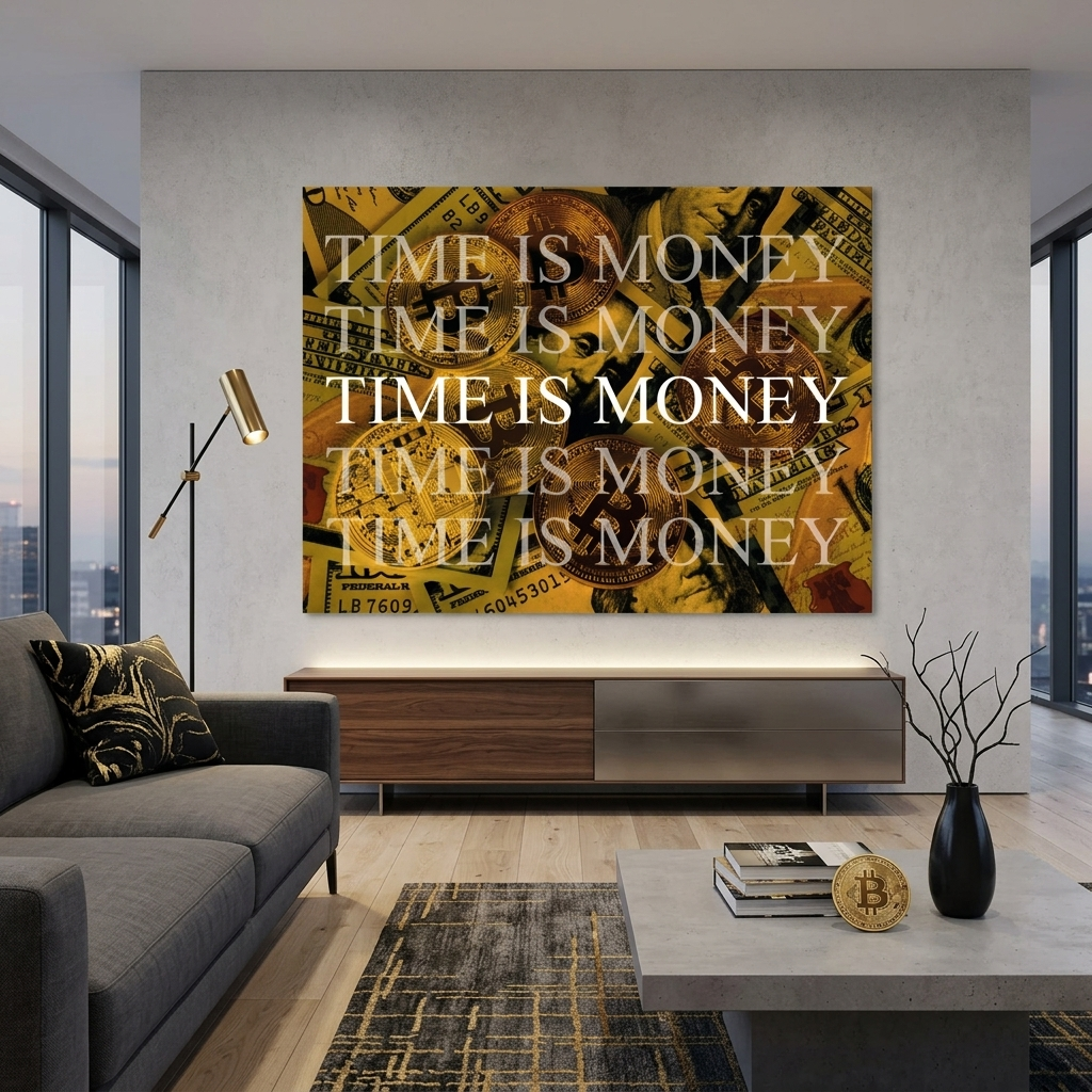 Dollar und Bitcoin Zeitgeld auf gelbem Hintergrund Motivierender Leinwand-Kunstdruck