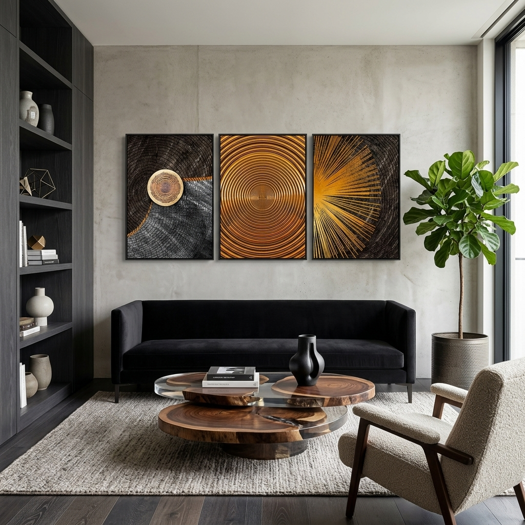Modularer Kunstdruck auf Leinwand, mehrere Teile, in dunklen und goldenen Farbtönen