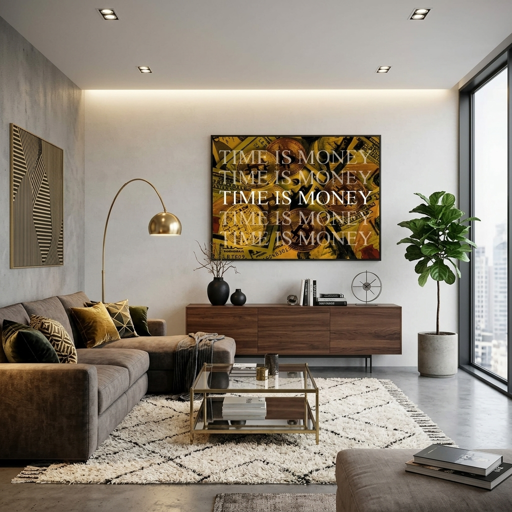 Dollar und Bitcoin Zeitgeld auf gelbem Hintergrund Motivierender Leinwand-Kunstdruck