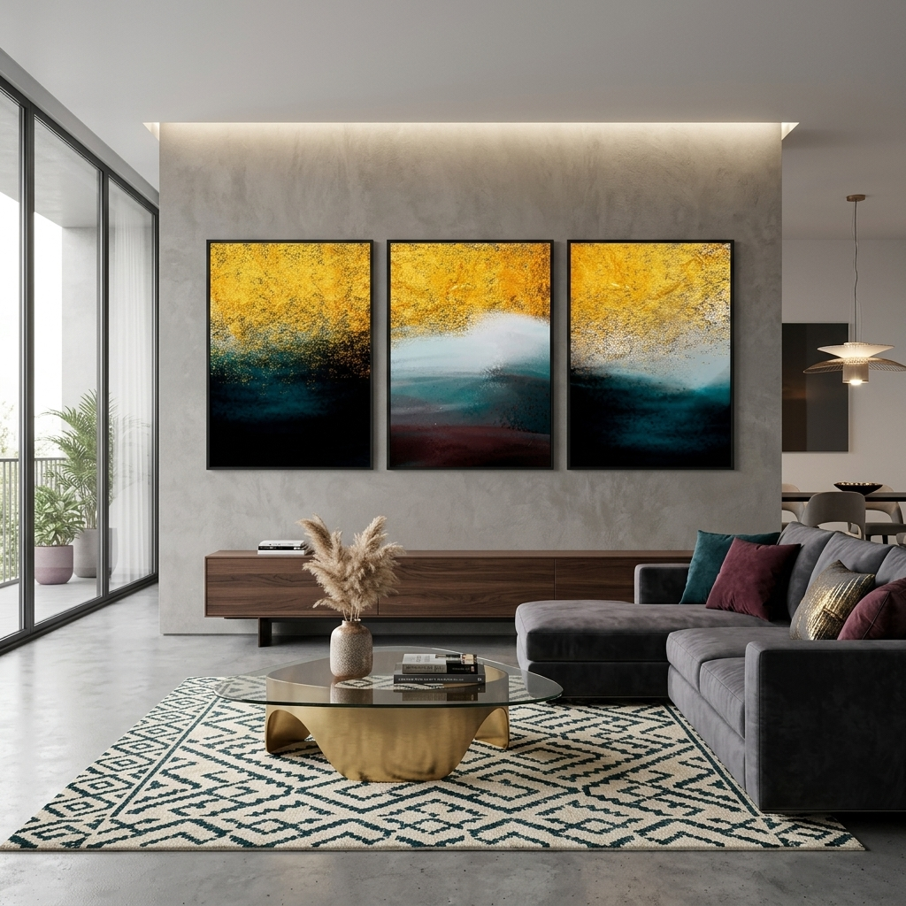 Modulares Wandbild aus drei Teilen in Gold, Weiß und dunklen Farben, mehrteilig, auf Leinwand