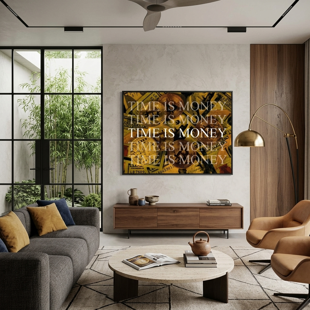Dollar und Bitcoin Zeitgeld auf gelbem Hintergrund Motivierender Leinwand-Kunstdruck