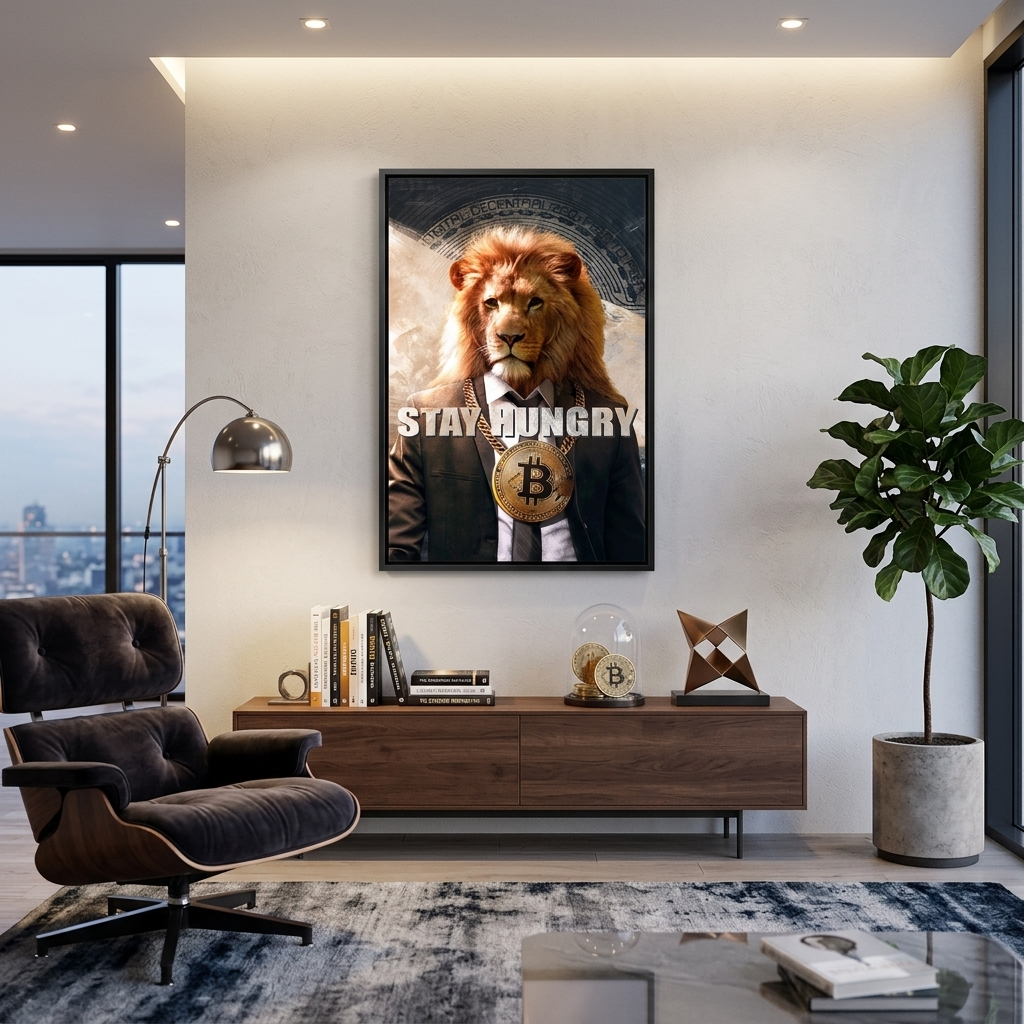 Bitcoin Lion Stay Hungry Motivierender Leinwand-Kunstdruck